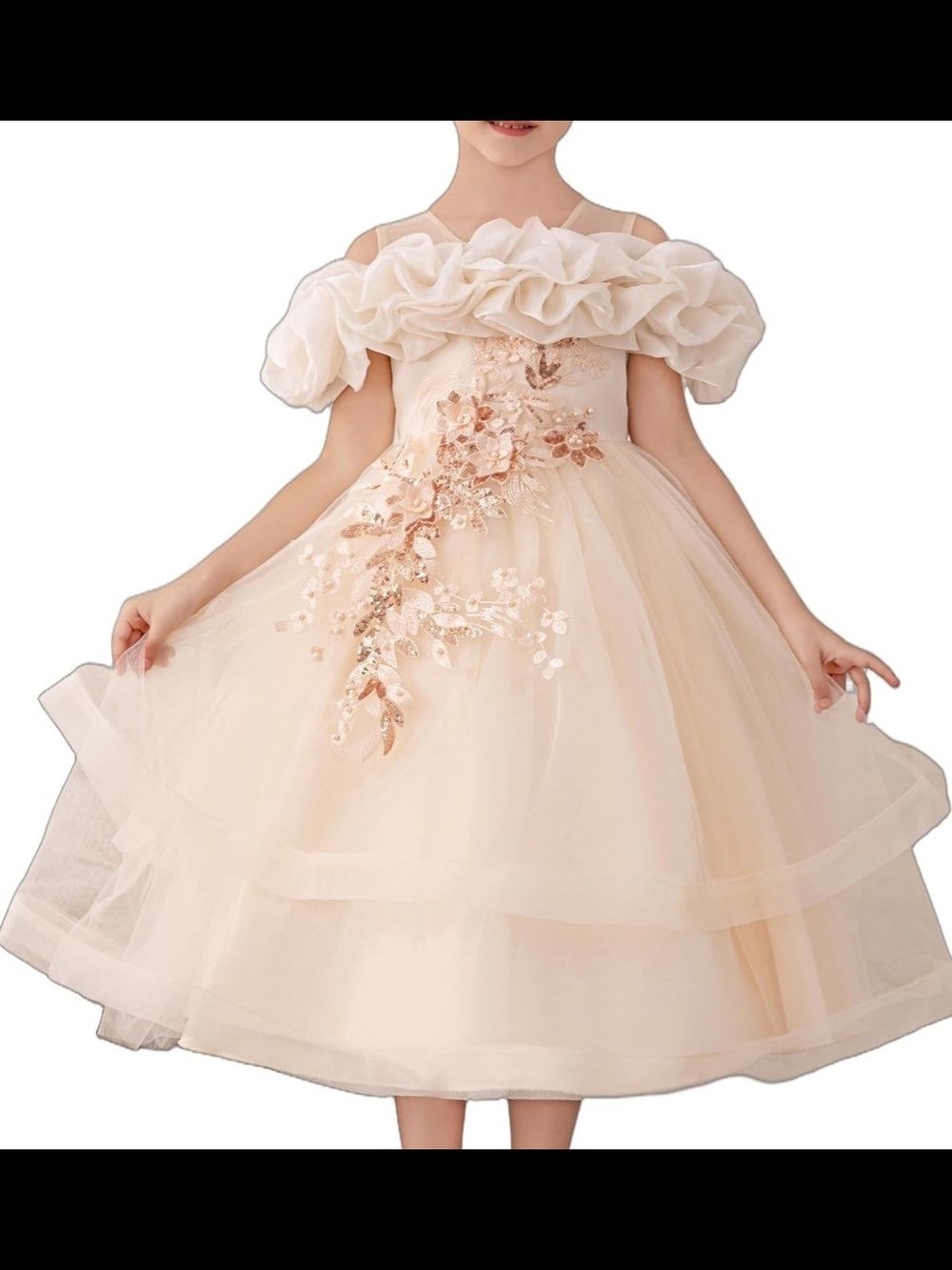 Elegant Champagne Floral Applique Girls' Dress